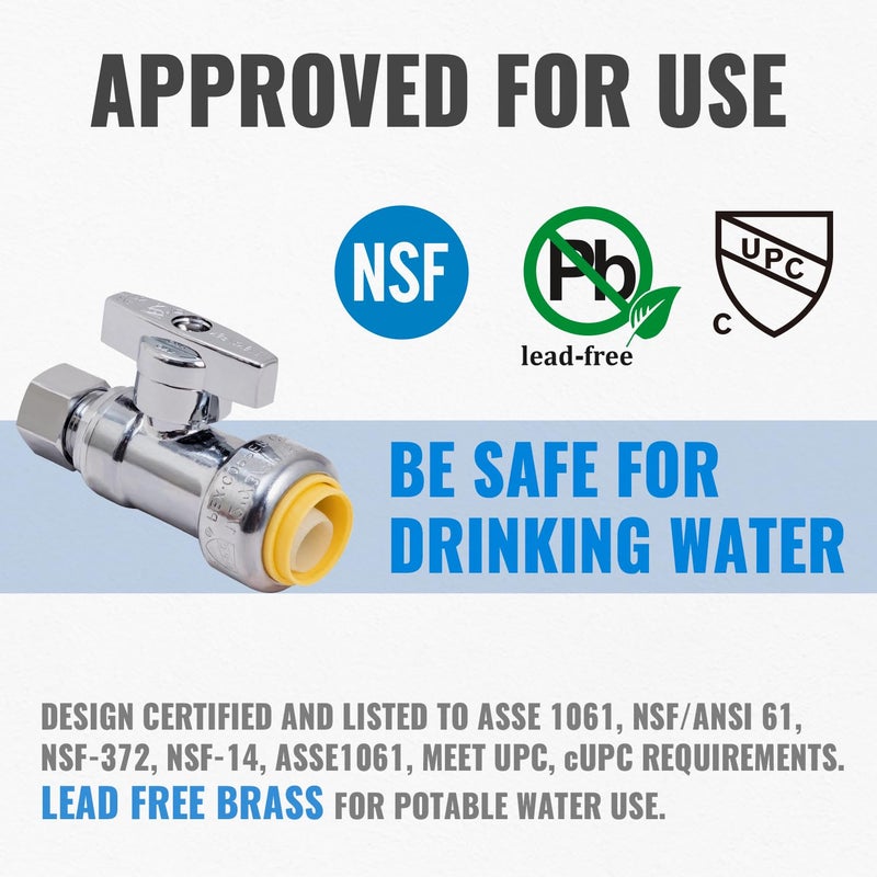 SUNGATOR Straight Stop Valve, 2-Pack SUNGATOR Straight Water Shut Off Valve 1/2 x 3/8 Inch Compression, Toilet Water Shutoff, 1/4 Turn, No Lead Brass Push-to-Connect Plumbing Fittings for PEX Pipe, Copper,CPVC - Image 2
